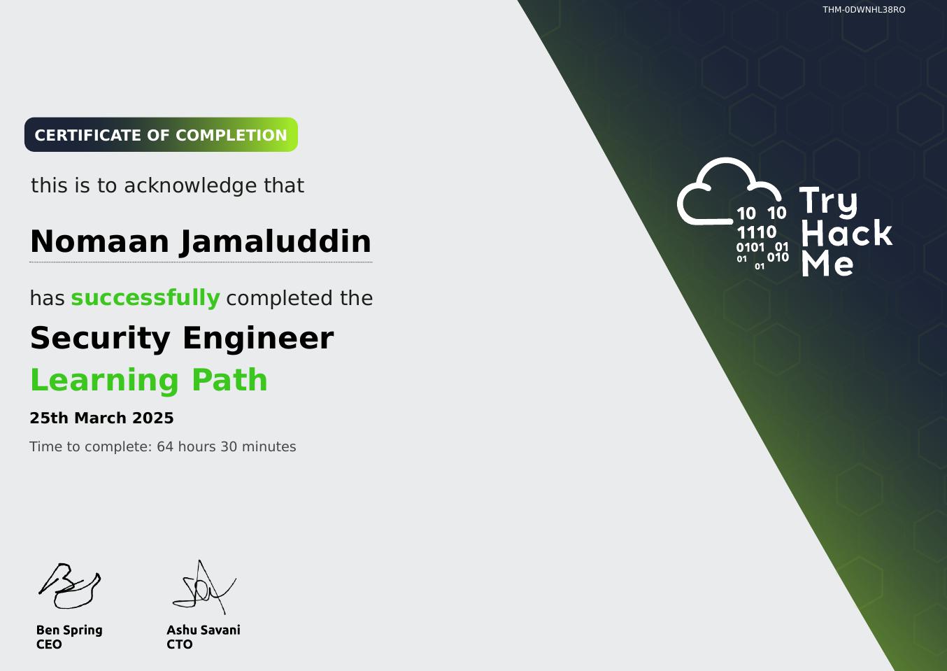 Security Engineer Learning Path certificate